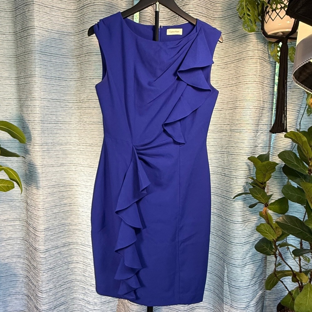 Calvin Klein Royal Blue Ruffle Front Sheath Dress Sleeveless Cocktail Event